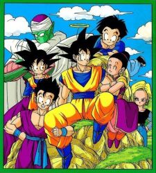 Rule 34 | 2girls, 4boys, android 18, black hair, blonde hair, blue footwear, blue jeans, blue pants, blue skirt, boots, chi-chi (dragon ball), closed mouth, denim, dragon ball, dragonball z, family, father and son, grass, halo, husband and wife, jeans, kuririn, mother and son, multiple boys, multiple girls, muscular, muscular arms, muscular male, namekian, official art, pants, pectorals, piccolo, pointy ears, scan, skirt, smile, son gohan, son goku, son goten, tagme, turban, worried