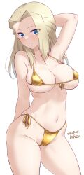 Rule 34 | 1girl, arm behind back, arm up, bikini, blonde hair, blue eyes, breasts, cameltoe, clara (girls und panzer), contrapposto, covered erect nipples, dated, forehead, girls und panzer, gold bikini, grin, hair intakes, highres, kuzuryuu kennosuke, large breasts, looking at viewer, micro bikini, parted lips, side-tie bikini bottom, simple background, smile, solo, strap gap, swimsuit, white background