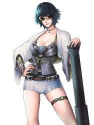 Rule 34 | 1girl, adapted costume, black hair, bracer, breasts, brown-tinted eyewear, cannon, capcom, choker, cleavage, company connection, devil may cry, devil may cry (series), devil may cry 3, devil may cry 4, hand on own hip, heterochromia, highres, huge weapon, kato sayaka, lady (devil may cry), large breasts, lipstick, makeup, nail polish, official art, onimusha soul, short hair, shorts, simple background, smile, solo, sunglasses, thigh strap, tinted eyewear, weapon, white background