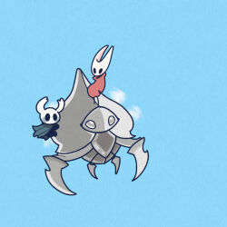 Rule 34 | 1girl, 1other, arthropod girl, black eyes, black skin, blank eyes, blue background, blue cloak, blush, character request, cloak, colored skin, flying, full body, hollow knight, hollow knight: silksong, hornet (hollow knight), knight (hollow knight), motion blur, red cloak, riding, sakana 2-gou, simple background, sitting