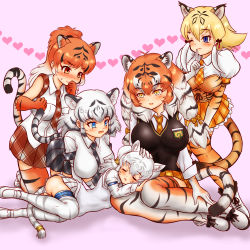 Rule 34 | 5girls, :d, ;), absurdres, all fours, animal ear fluff, animal ears, animal print, arm support, armlet, ass, black hair, blonde hair, blue eyes, bow, breast pocket, brown eyes, byakko (kemono friends), closed eyes, closed mouth, collared shirt, commentary request, corset, elbow gloves, empty eyes, extra ears, finger to mouth, garter straps, gloves, grey hair, hair between eyes, hair bow, hakumaiya, hand on another&#039;s head, heart, high ponytail, highres, index finger raised, kemono friends, kneeling, lap pillow, light brown hair, long hair, long sleeves, looking at another, low-tied long hair, lying, medium hair, microskirt, miniskirt, multicolored hair, multiple girls, necktie, on side, one eye closed, open mouth, panties, plaid, plaid neckwear, plaid skirt, pocket, ponytail, print gloves, print legwear, puffy short sleeves, puffy sleeves, shirt, shoes, short sleeves, shushing, siberian tiger (kemono friends), sidelocks, sitting, skirt, sleeping, sleeveless, sleeveless shirt, smile, smilodon (kemono friends), south china tiger (kemono friends), standing, streaked hair, sweater vest, tail, thighhighs, tiger ears, tiger print, tiger tail, twintails, underwear, white hair, white panties, white tiger (kemono friends), white tiger print, wing collar, zettai ryouiki