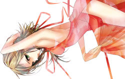 Rule 34 | 1girl, arm up, armpits, backless dress, backless outfit, bare shoulders, breasts, brown hair, closed mouth, cloud print, dress, expressionless, gumi, highres, long hair, looking at viewer, medium breasts, naoto (sandersoniahirahira), red dress, red lips, red ribbon, ribbon, rotated, sideboob, sideways, simple background, skirt hold, sleeveless, sleeveless dress, solo, standing, thighs, vocaloid, white background
