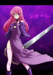 Rule 34 | 10s, 1girl, akame ga kill!, bare shoulders, boots, breasts, character name, cleavage, cleavage cutout, clothing cutout, detached sleeves, dress, glasses, highres, large breasts, long dress, long hair, oversized object, pink eyes, pink hair, pink thighhighs, scissors, semi-rimless eyewear, shawl, sheele, side slit, smile, solo, thighhighs, turtleneck, under-rim eyewear, von-cx, weapon