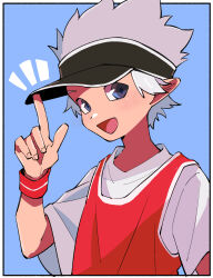Rule 34 | 1boy, blue background, blue eyes, blush, border, hand up, highres, index finger raised, luo xiaohei zhanji, notice lines, nploser, open mouth, pointy ears, red shirt, shirt, short sleeves, simple background, sleeveless, sleeveless shirt, smile, solo, visor cap, white border, white hair, white shirt, wristband, yi feng (the legend of luoxiaohei)