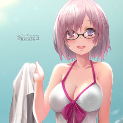 Rule 34 | 1girl, artist name, bad id, bad pixiv id, black-framed eyewear, blush, breasts, cleavage, day, fate/grand order, fate (series), glasses, hair over one eye, hand up, highres, holding, large breasts, mash kyrielight, mash kyrielight (swimsuit of perpetual summer), official alternate costume, open mouth, outdoors, purple eyes, purple hair, rods, see-through, smile, solo, twitter username, upper body, wading, wet, wet clothes