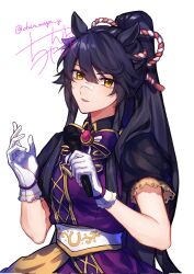 Rule 34 | 1girl, animal ears, bandaid, bandaid on face, bandaid on nose, black hair, bow, bowtie, breasts, chan maya, collared jacket, gate of infinity (umamusume), gloves, hands up, highres, holding, holding microphone, horse ears, jacket, long hair, looking at viewer, microphone, narita brian (umamusume), open mouth, purple eyes, rope, sash, shimenawa, short sleeves, signature, simple background, small breasts, smile, solo, twitter username, umamusume, upper body, white background, white gloves, yellow eyes