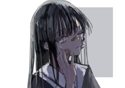 Rule 34 | 1girl, absurdres, bandaid, bandaid on face, bandaid on nose, black hair, blood, blue eyes, hand on own face, highres, looking at viewer, lower teeth only, one eye closed, open mouth, original, simple background, teardrop, teeth, zohyo