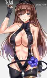 Rule 34 | 1girl, alternate costume, bad id, bad pixiv id, bare shoulders, between fingers, black gloves, black legwear, black leotard, blue eyes, blush, breasts, brown hair, center opening, character name, cleavage, collarbone, cosplay, covered erect nipples, earrings, fary5, fate/grand order, fate/prototype, fate/prototype: fragments of blue and silver, fate (series), fingerless gloves, flower, gloves, gradient background, hairband, hassan of serenity (fate), hassan of serenity (fate) (cosplay), highres, hip focus, holding, holding knife, hoop earrings, jewelry, knife, knives between fingers, large breasts, leotard, long hair, looking at viewer, mata hari (fate), navel, open mouth, smile, solo, thighs, throwing knife, weapon