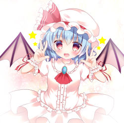 Rule 34 | 1girl, :d, arm garter, ascot, bat wings, blue hair, brooch, double v, fang, frilled hat, frilled shirt, frilled sleeves, frills, hair between eyes, hat, jewelry, looking at viewer, mob cap, open mouth, pink hat, pink shirt, pink skirt, puffy short sleeves, puffy sleeves, red eyes, remilia scarlet, rika-tan (rikatantan), shirt, short hair, short sleeves, skirt, smile, solo, star (symbol), touhou, upper body, v, wings, wrist cuffs