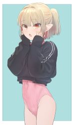 Rule 34 | 1girl, black sweater, blonde hair, blue background, commentary request, covered navel, cowboy shot, hands on own face, highres, leotard, looking at viewer, makaino ririmu, nijisanji, pink leotard, pointy ears, ponytail, red eyes, ribbed leotard, sabamen, short hair, solo, standing, sweater, virtual youtuber