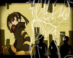 Rule 34 | 2girls, 3boys, aaniko, bandaid, bandaid on face, black hair, black jacket, blunt bangs, blunt ends, cityscape, closed mouth, cloud, collared jacket, cross, enomoto takane, from side, gas mask, headphones, hood, hooded jacket, jacket, kagerou project, konoha (kagerou project), latin cross, letterboxed, lineart, long sleeves, looking away, looking to the side, mask, mekakucity actors, multicolored clothes, multicolored jacket, multiple boys, multiple girls, outdoors, popped collar, profile, red eyes, road sign, short ponytail, sign, silhouette, sketch, sky, sleeves past fingers, sleeves past wrists, solo focus, splatter, striped clothes, striped jacket, teardrop, triangle, twintails, two-tone jacket, upper body, very long sleeves, vignetting, yellow jacket