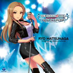 Rule 34 | 1girl, album cover, black footwear, black jacket, black skirt, boots, breasts, brown eyes, brown hair, character name, cleavage, copyright name, cover, cross, cross earrings, earrings, floating hair, highres, holding, holding microphone, idolmaster, idolmaster cinderella girls, jacket, jewelry, long hair, looking at viewer, matsunaga ryo, medium breasts, microphone, microphone stand, miniskirt, nail polish, necklace, official art, open clothes, open jacket, orange nails, pencil skirt, shirt, skirt, solo, standing, thigh boots, thighhighs, very long hair, white shirt, zettai ryouiki