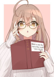 Rule 34 | 1girl, absurdres, adjusting eyewear, ahoge, berry, black choker, book, brown eyes, brown hair, choker, crossed bangs, earrings, english text, food-themed earrings, glasses, highres, holding, holding book, hololive, hololive english, jewelry, long hair, multicolored hair, nail art, nanashi mumei, nanashi mumei (casual), necklace, official alternate costume, open mouth, reading, round eyewear, sayo0692, sleeves past wrists, streaked hair, sweater, triangle mouth, typo, virtual youtuber, white sweater