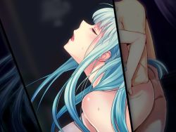 Rule 34 | 1girl, blue hair, breasts, drill hair, emilie du chatelet, game cg, huge breasts, implied sex, liarsoft, long hair, nude, ourai no gahkthun, steampunk (liarsoft), thighs, vaginal