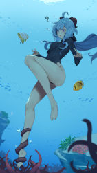 Rule 34 | 1girl, ?, absurdres, air bubble, bare legs, barefoot, blue hair, blue theme, blush, bodysuit, bow, bubble, coral, fish, freediving, ganyu (genshin impact), genshin impact, hair bow, highres, holding breath, long hair, long sleeves, purple eyes, rou (rou22), seaweed, solo, surprised, swimming, tentacle grab, tentacles, thighs, underwater