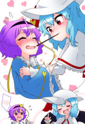 Rule 34 | 2girls, blue shirt, capelet, dress, closed eyes, food, hairband, highres, holding own arm, kameyan, komeiji satori, light purple hair, long sleeves, looking at another, multiple girls, pocky, pocky day, purple eyes, purple hair, red eyes, remilia scarlet, shirt, short hair, thinking, thought bubble, touhou, white dress, yuri