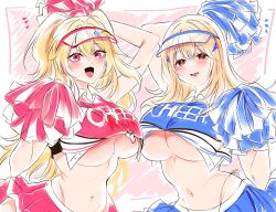 Rule 34 | + +, 2girls, blonde hair, blue shirt, blue skirt, blush, breasts, brown eyes, clay (nikke), crop top, dimjh, earrings, goddess of victory: nikke, hair intakes, hair ornament, hairclip, highres, jewelry, large breasts, long hair, looking at viewer, mole, mole under eye, multiple girls, navel, open mouth, pink eyes, red shirt, red skirt, shirt, short twintails, side ponytail, skirt, tia (nikke), twintails, two-tone shirt, two-tone skirt, underboob, visor cap, whistle, whistle around neck, white shirt, white skirt