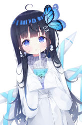 Rule 34 | 1girl, :o, ahoge, animal, aoi nabi, black hair, blue eyes, blue ribbon, blush, bug, butterfly, cup, deyui, disposable cup, drink, drinking straw, grey sweater, hair ornament, hairclip, hands up, highres, holding, holding cup, insect, long hair, long sleeves, looking at viewer, maesond, parted lips, ribbed sweater, ribbon, simple background, sleeves past fingers, sleeves past wrists, solo, sweater, turtleneck, turtleneck sweater, very long hair, virtual youtuber, white background, x hair ornament