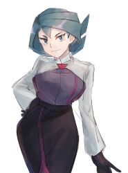 Rule 34 | 1girl, black gloves, black skirt, bright pupils, closed mouth, commentary request, onia (pokemon), creatures (company), cropped jacket, flipped hair, game freak, gloves, green eyes, green hair, high-waist skirt, highres, jacket, long sleeves, looking at viewer, maxwell yaochu, nintendo, pokemon, pokemon (anime), pokemon horizons, shirt, simple background, skirt, smile, solo, white background, white pupils