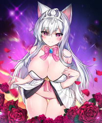 Rule 34 | 1girl, alternate breast size, animal ears, babydoll, bad id, bad pixiv id, bare arms, bare shoulders, bow, bowtie, breasts, brooch, cat ears, cleavage, closed mouth, elsword, eve (elsword), facial mark, flower, hair between eyes, hand on own chest, heart, heart-shaped pupils, jewelry, large breasts, lingerie, long hair, looking at viewer, mal poi, navel, panties, petals, pink eyes, pink panties, purple flower, rose, smile, solo, stomach, string panties, symbol-shaped pupils, thigh gap, thighs, tiara, underwear, underwear only, very long hair, white hair