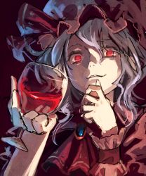 Rule 34 | 1girl, alcohol, ascot, azuki (azuki-taste), cup, cupping glass, drinking glass, grin, hat, hat ribbon, highres, jewelry, looking down, mob cap, portrait, puffy sleeves, purple hair, red eyes, remilia scarlet, ribbon, short hair, short sleeves, smile, solo, touhou, wine, wine glass, wrist cuffs