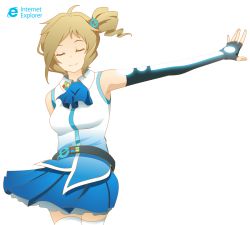 Rule 34 | 1girl, aizawa inori, ascot, asymmetrical hair, belt, blue skirt, breasts, copyright name, closed eyes, glowing, hair tie, internet explorer, logo, medium breasts, microsoft, os-tan, outstretched hand, side ponytail, skirt, sleeveless, smile, solo, thighhighs, transparent background, waha (artist), white background, white thighhighs, windows 8