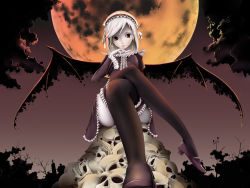 Rule 34 | bad id, bad pixiv id, cloud, crossed legs, frilled thighhighs, frills, goth fashion, mogmog, moon, night, shoes, silver hair, sitting, skull, sky, solo, thighhighs, wings