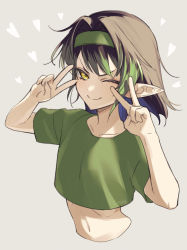 Rule 34 | 1boy, aged down, black hair, commentary request, cropped shirt, double v, elf, green hair, grey background, hanabatake chaika, heart, looking at viewer, navel, nijisanji, one eye closed, pointy ears, shippaiderman, short sleeves, simple background, smile, solo, v, virtual youtuber, watermark, yellow eyes