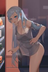 Rule 34 | 1girl, blue eyes, bottomless, breasts, collarbone, grey hair, grey shirt, hair down, highres, leaning forward, long hair, looking at viewer, medium breasts, no pants, open mouth, revision, rwby, scar, scar across eye, scar on face, see-through, see-through shirt, shirt, solo, sweat, thighs, vending machine, very long hair, wangxiii, weiss schnee, wet
