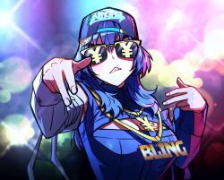 1girl backwards_hat blue_hair blue_shirt breasts cleavage_cutout clothing_cutout ddolbang fingernails gold_necklace hat highres hololive hololive_english jewelry large_breasts long_hair looking_at_viewer necklace official_alternate_costume ouro_kronii ouro_kronii_(4th_costume) parted_lips shirt sunglasses v-shaped_eyebrows virtual_youtuber wolf_cut yellow-framed_eyewear