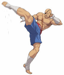 Rule 34 | 1990s (style), 1boy, abs, bald, bandages, barefoot, clothes writing, eyepatch, full body, hand wraps, heel up, highres, kicking, male focus, motion blur, muscular, nigou, retro artstyle, sagat, scar, shorts, simple background, solo, street fighter, street fighter ii (series), topless male, white background