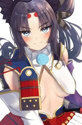 Rule 34 | 1girl, armor, asymmetrical sleeves, black hair, blue eyes, blush, breast curtains, breasts, detached sleeves, fate/grand order, fate (series), feather hair ornament, feathers, hair ornament, highres, japanese armor, kusazuri, linea alba, long hair, looking at viewer, medium breasts, mismatched sleeves, navel, parted bangs, purple sleeves, revealing clothes, showgirl skirt, side ponytail, smile, solo, umi endu, ushiwakamaru (fate), very long hair, white sleeves