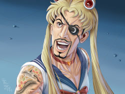 Rule 34 | &gt;:d, 1boy, arm tattoo, bishoujo senshi sailor moon, bishoujo senshi sailor moon s, black eyes, black hair, blonde hair, blue sailor collar, bow, bowtie, choker, collarbone, commentary, cosplay, crossdressing, derivative work, english commentary, evil smile, eyepatch, facial hair, goatee, hair intakes, hair over shoulder, heart, heart choker, long hair, majima goro, male focus, meme, mustache, one eye covered, open mouth, parted bangs, print eyepatch, red bow, red bowtie, red choker, ryuu ga gotoku (series), sailor collar, sailor moon, sailor moon (cosplay), sailor moon redraw challenge (meme), sailor senshi uniform, school uniform, serafuku, short hair, sleeveless, smile, solo, tattoo, teeth, toned, toned male, twintails, upper body, v-shaped eyebrows, wig, yosatorn chamachoti
