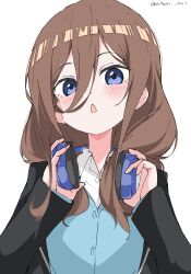 Rule 34 | 1girl, absurdres, black jacket, blazer, blue cardigan, blue eyes, blue headphones, blush, brown hair, cardigan, chestnut mouth, collared shirt, commentary, go-toubun no hanayome, hair between eyes, hands up, headphones, headphones around neck, highres, holding, holding headphones, jacket, long hair, long hair between eyes, long sleeves, looking at viewer, nakano miku, open mouth, shirt, simple background, sleeves past wrists, twitter username, upper body, white background, white gorilla (okamoto), white shirt