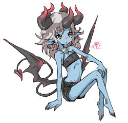 Rule 34 | 1girl, bare legs, barefoot, black shorts, blue skin, blush, chiwa (fcwv5738), colored skin, colored tips, demon girl, demon tail, demon wings, female focus, flat chest, grey hair, highres, jewelry, low wings, multicolored hair, navel, necklace, original, pointy ears, pubic tattoo, short shorts, shorts, simple background, sitting, skull necklace, solo, tail, tattoo, white background, wings