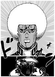 Rule 34 | 2boys, afro, alternate hairstyle, chain, collective-mind, comic, commentary request, dark-skinned male, dark skin, earrings, emphasis lines, enrico pucci, facial mark, greyscale, hat, inverted colors, jacket, jewelry, jojo no kimyou na bouken, kuujou joutarou, male focus, monochrome, multiple boys, star (symbol), star earrings, stone ocean, surprised