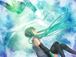 Rule 34 | 1g no izumi, detached sleeves, closed eyes, green hair, hatsune miku, highres, long hair, necktie, skirt, thighhighs, twintails, very long hair, vocaloid