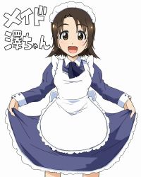 Rule 34 | 1girl, :d, alternate costume, apron, ascot, black ascot, blue dress, brown eyes, brown hair, character name, collared dress, commentary, cowboy shot, dress, enmaided, girls und panzer, juliet sleeves, long sleeves, looking at viewer, maid, maid apron, maid headdress, medium dress, nana (manaita koumuten), open mouth, parted bangs, petticoat, puffy sleeves, sawa azusa, short hair, simple background, skirt hold, smile, solo, standing, translated, white apron, white background