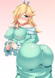 Rule 34 | 1girl, aqua eyes, ass, ass focus, bare shoulders, blonde hair, blush, breasts, covered erect nipples, crown, dress, female focus, from behind, gown, hair over one eye, hisui (stapspats), huge ass, impossible clothes, large breasts, long dress, long hair, looking back, mario (series), nintendo, nipples, no bra, princess, puffy nipples, rosalina, see-through, simple background, solo, super mario bros. 1, super mario galaxy, wavy mouth
