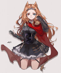 Rule 34 | 1girl, archetto (arknights), arknights, black gloves, black shirt, black skirt, blue eyes, breasts, brown hair, closed mouth, cropped legs, epaulettes, forehead, gloves, grey background, hand up, harukan tiusu, heterochromia, long hair, looking at viewer, medium breasts, partially fingerless gloves, red eyes, shadow, shirt, short sleeves, simple background, skirt, smile, solo, very long hair