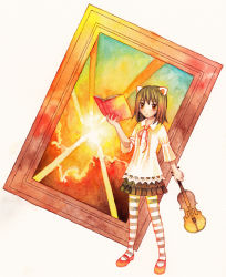 Rule 34 | 1girl, animal ears, book, brown hair, cat ears, collared shirt, commentary, full body, hasami (nicoseiga1668937), holding, holding book, holding instrument, holding violin, instrument, mary janes, medium hair, neck ribbon, orange eyes, original, painting (medium), picture frame, red ribbon, ribbon, shinsei kamattechan, shirt, shoes, simple background, skirt, solo, striped clothes, striped thighhighs, sun, sunset, thighhighs, traditional media, violin, watercolor (medium), white background, white shirt