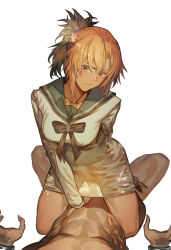 Rule 34 | 1boy, 1girl, bad id, bad pixiv id, blonde hair, blush, bow, bowtie, braid, breasts, clothed female nude male, collarbone, commentary request, fate/apocrypha, fate/grand order, fate (series), frown, green eyes, green neckwear, gyudong123, highres, implied sex, long hair, long shirt, long sleeves, looking at another, medium breasts, mordred (fate), mordred (fate) (all), mordred (fate/apocrypha), mordred (swimsuit rider) (fate), mordred (swimsuit rider) (second ascension) (fate), nude, ponytail, shirt, simple background, solo focus, white background, white shirt