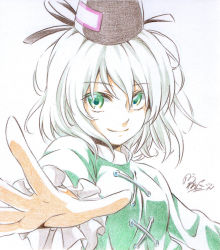 Rule 34 | 1girl, arm at side, bad id, bad pixiv id, colored eyelashes, crayon (medium), dress, green dress, green hair, hat, highres, japanese clothes, looking at viewer, nora wanko, outstretched arm, outstretched hand, overexposure, reaching, reaching towards viewer, short hair, signature, simple background, soga no tojiko, solo, tate eboshi, touhou, traditional media, upper body