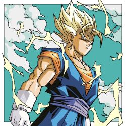 1boy allawati4 blonde_hair blue_eyes blue_pants blue_sash dougi dragon_ball dragonball_z earrings frown gloves highres jewelry looking_to_the_side muscular muscular_male orange_shirt pants potara_earrings saiyan sash shirt short_sleeves solo spiked_hair super_saiyan vegetto white_gloves