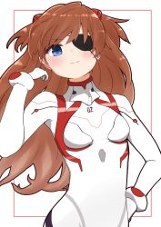 Rule 34 | 1girl, blue eyes, blush, bodysuit, breasts, brown hair, closed mouth, commentary request, evangelion: 3.0+1.0 thrice upon a time, eyepatch, gloves, hair between eyes, hand on own hip, hand up, headgear, highres, i.u.y, long hair, neon genesis evangelion, plugsuit, rebuild of evangelion, red background, simple background, small breasts, smile, solo, souryuu asuka langley, two-tone background, two side up, very long hair, white background, white bodysuit, white gloves