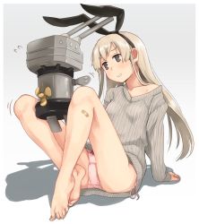 Rule 34 | 1girl, arm support, bandaid, bandaid on leg, bare legs, barefoot, bow, bow panties, breasts, brown eyes, feet, full body, gradient background, grin, hair ribbon, hairband, head tilt, kantai collection, leaning back, light brown hair, long hair, long sleeves, makio (makiomeigenbot), off shoulder, panties, pink panties, rensouhou-chan, ribbed sweater, ribbon, shadow, shimakaze (kancolle), side-tie panties, sidelocks, simple background, sitting, sleeves past wrists, small breasts, smile, solo, sweater, underwear