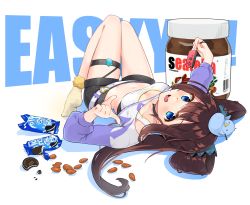 Rule 34 | 1girl, :d, black choker, black shorts, blue eyes, brand name imitation, breasts, brown hair, choker, cookie, crop top, food, hair rings, highres, holding, knees up, kutata, long hair, long sleeves, looking at viewer, lying, midriff, navel, nintendo switch, nutella, on back, open mouth, se:a, se:a story, shirt, short shorts, shorts, shrug (clothing), sleeveless, sleeveless shirt, small breasts, smile, socks, solo, stomach, thighs, virtual youtuber, white shirt, yellow socks
