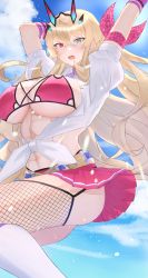 Rule 34 | 1girl, abs, absurdres, arms up, ass, bikini, blonde hair, blue sky, blush, breasts, cosplay, barghest (fate), fate/grand order, fate (series), fishnet thighhighs, fishnets, garter straps, green eyes, heterochromia, highres, ibuki douji (fate), ibuki douji (fate) (cosplay), ibuki douji (swimsuit berserker) (fate), ibuki douji (swimsuit berserker) (fate) (cosplay), kz mochixx, large breasts, long hair, open clothes, open shirt, pink bikini, pink skirt, red eyes, shirt, skirt, sky, swimsuit, thighhighs, tied shirt, wide hips