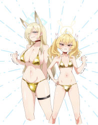 Rule 34 | 2girls, absurdres, ahoge, alternate costume, angry, animal ears, bare shoulders, bikini, blonde hair, blue archive, blush, breasts, choker, clenched hand, closed mouth, commentary request, dog ears, dog girl, gluteal fold, gold bikini, hair ribbon, halo, hand up, highres, kanna (blue archive), large breasts, long hair, looking at viewer, micro bikini, multiple girls, navel, notched ear, red choker, ribbon, shiny swimsuit, skindentation, small breasts, standing, stomach, string bikini, suecovsky, swimsuit, thigh strap, twintails, white background, yellow bikini, yellow halo, yoshimi (blue archive)