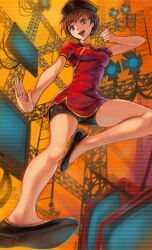 Rule 34 | 1girl, absurdres, bike shorts, black footwear, black shorts, brown eyes, brown hair, china dress, chinese clothes, clenched hand, dress, hat, highres, looking down, open hand, open mouth, overhead lights, persona, persona 4, red dress, satonaka chie, shorts, smile, solo, studio lights, tagme, television, toasty scones, tomboy